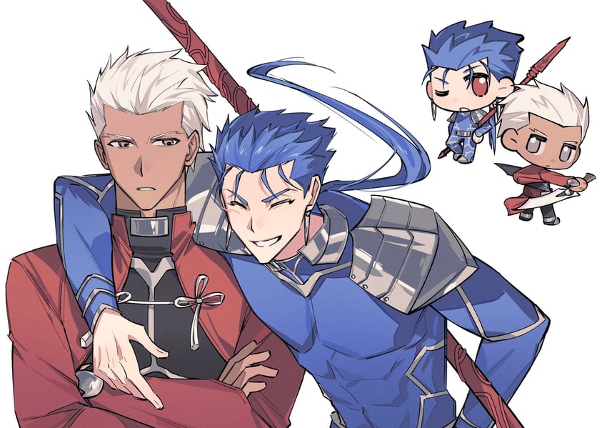 cu chulainn and archer (fate and 1 more) drawn by y111111n