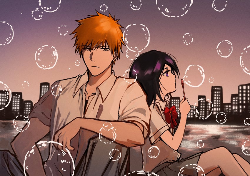 kuchiki rukia and kurosaki ichigo (bleach) drawn by star_(sr67305775)