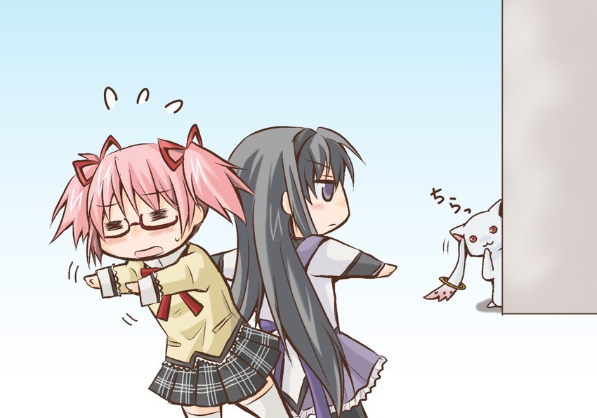 akemi homura, kaname madoka, and kyubey (mahou shoujo madoka magica) drawn by ama_(ashima)