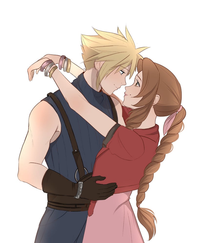 cloud strife and aerith gainsborough (final fantasy and 2 more) drawn by vanekairi
