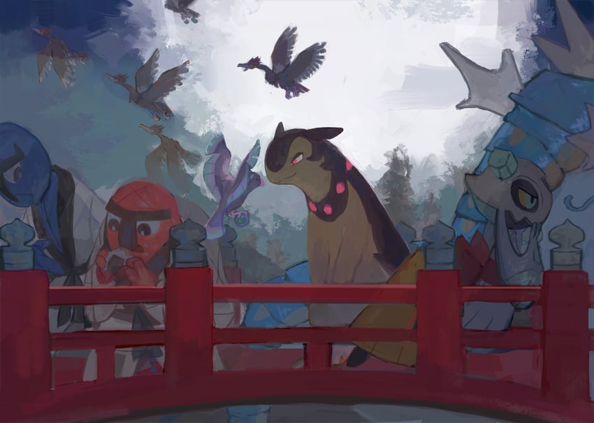 froslass, gyarados, hisuian typhlosion, oricorio, fearow, and 2 more (pokemon) drawn by aomidori_iro