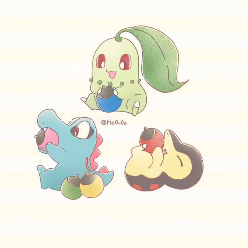 cyndaquil, chikorita, and totodile (pokemon) drawn by rio_(rio0v0o)