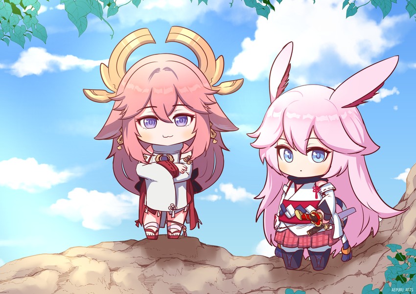 yae miko, yae sakura, sakura ayane, and du mingya (genshin impact and 3 more) drawn by aepuru_arts