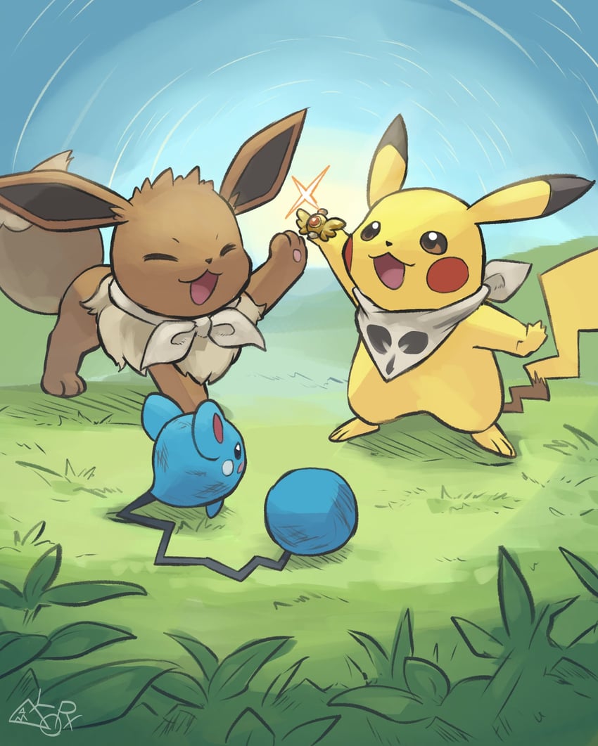 pikachu, eevee, and azurill (pokemon and 1 more) drawn by yamaori_(hakkentai_pokedan)