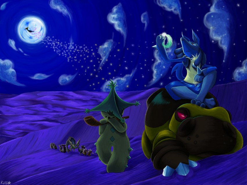 lucario, flygon, cubone, aerodactyl, onix, and 4 more (pokemon) drawn by motokawa_kotoka
