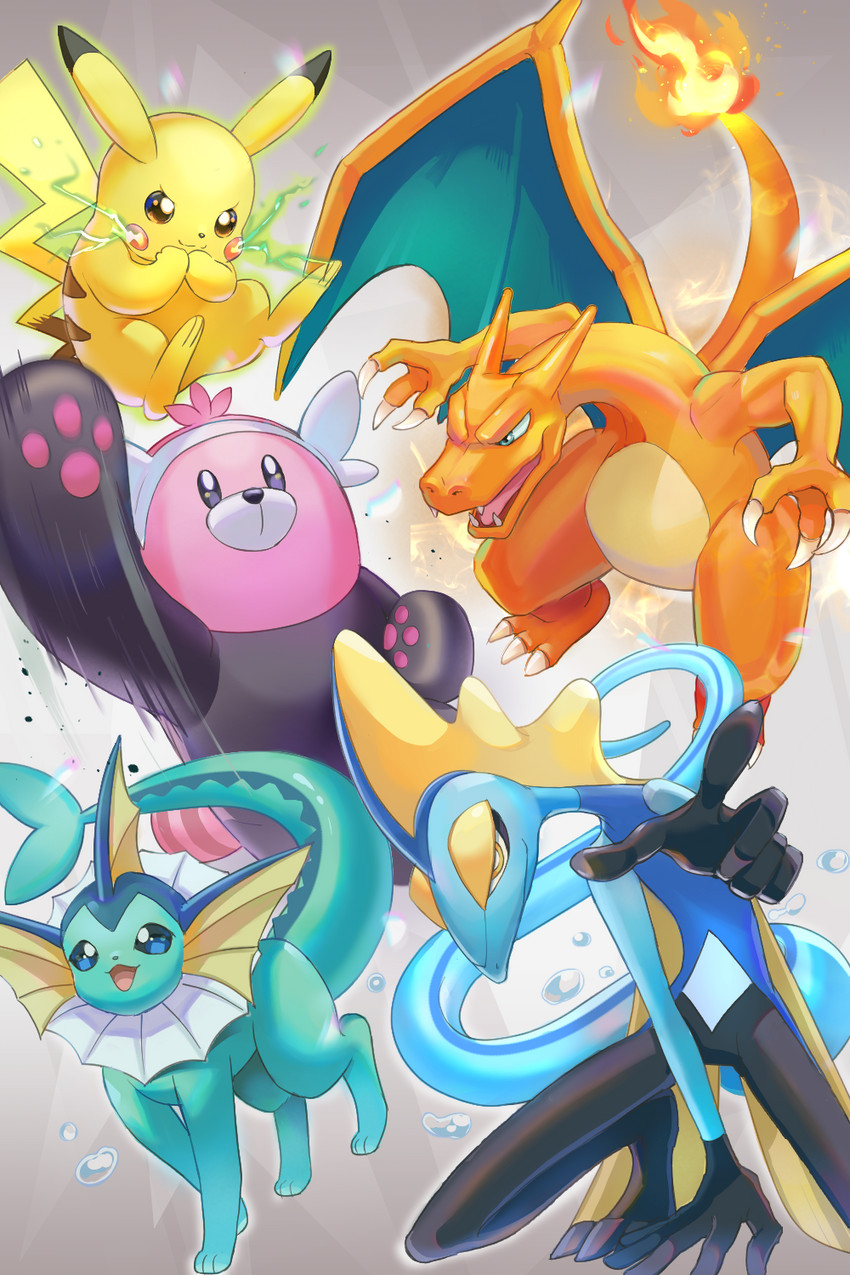 pikachu, charizard, vaporeon, inteleon, and bewear (pokemon) drawn by mitama_(mokochiko)