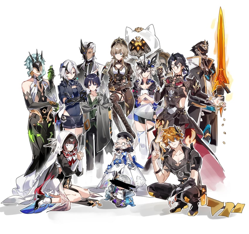 scaramouche, elysia, tartaglia, arlecchino, fu hua, and 19 more (genshin impact and 3 more) drawn by grape_(grapedraws)
