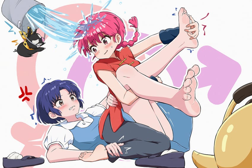 ranma-chan, tendou akane, and p-chan (ranma 1/2) drawn by qiufengxiaose
