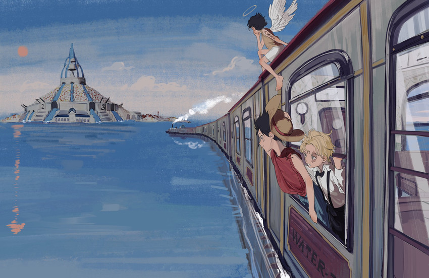 monkey d. luffy, portgas d. ace, and sabo (one piece) drawn by akihare