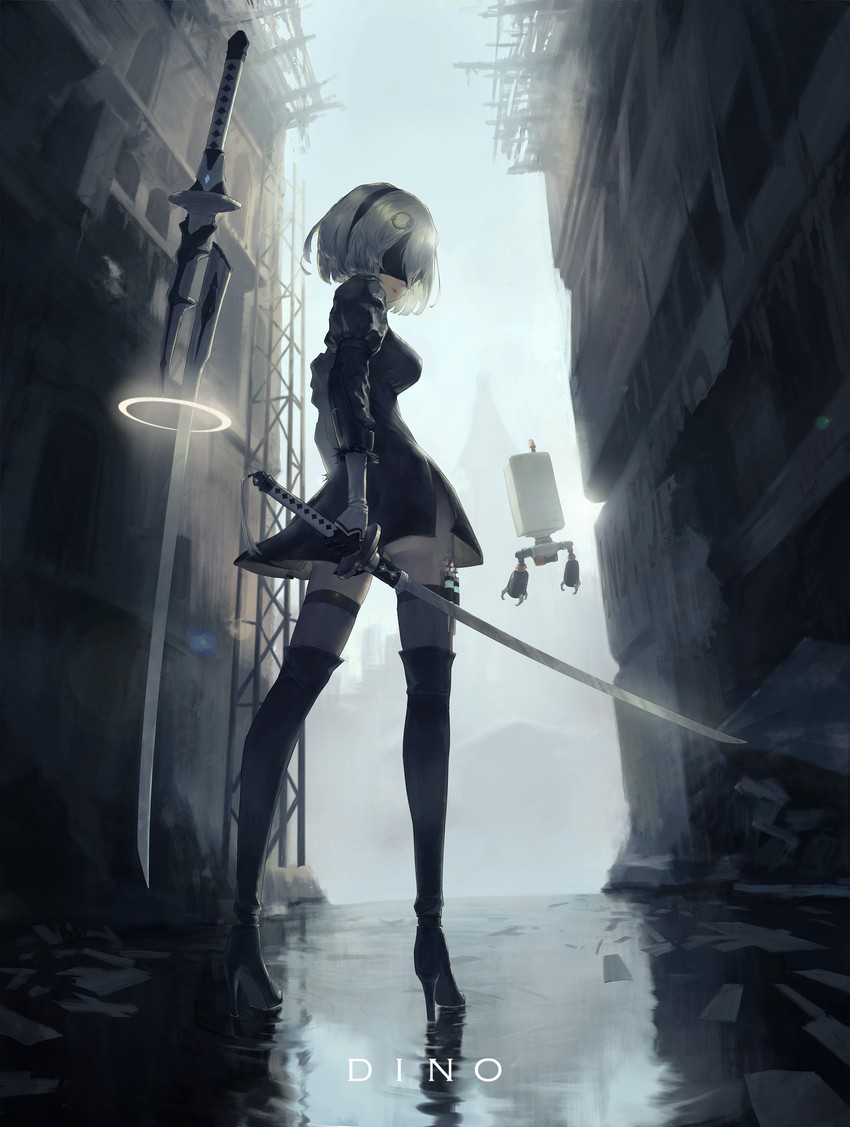 2b and watson amelia (hololive and 3 more) drawn by dino_(dinoartforame)