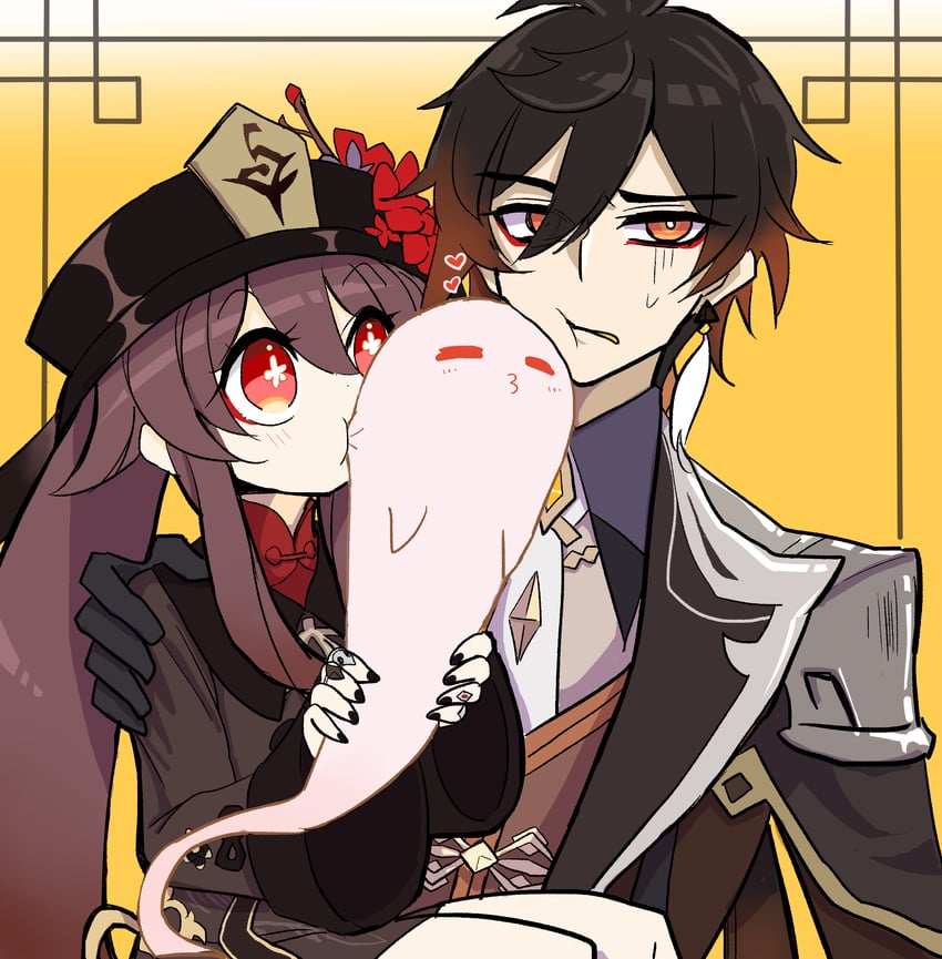 hu tao, zhongli, and boo tao (genshin impact) drawn by tori_no_krag