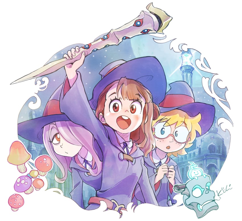 kagari atsuko, sucy manbavaran, and lotte jansson (little witch academia) drawn by kiichi