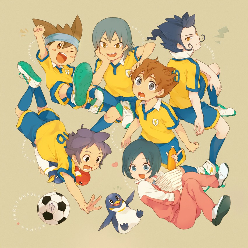 kariya masaki, matsukaze tenma, tsurugi kyousuke, sorano aoi, nishizono shinsuke, and 1 more (inazuma eleven and 1 more) drawn by shina-love