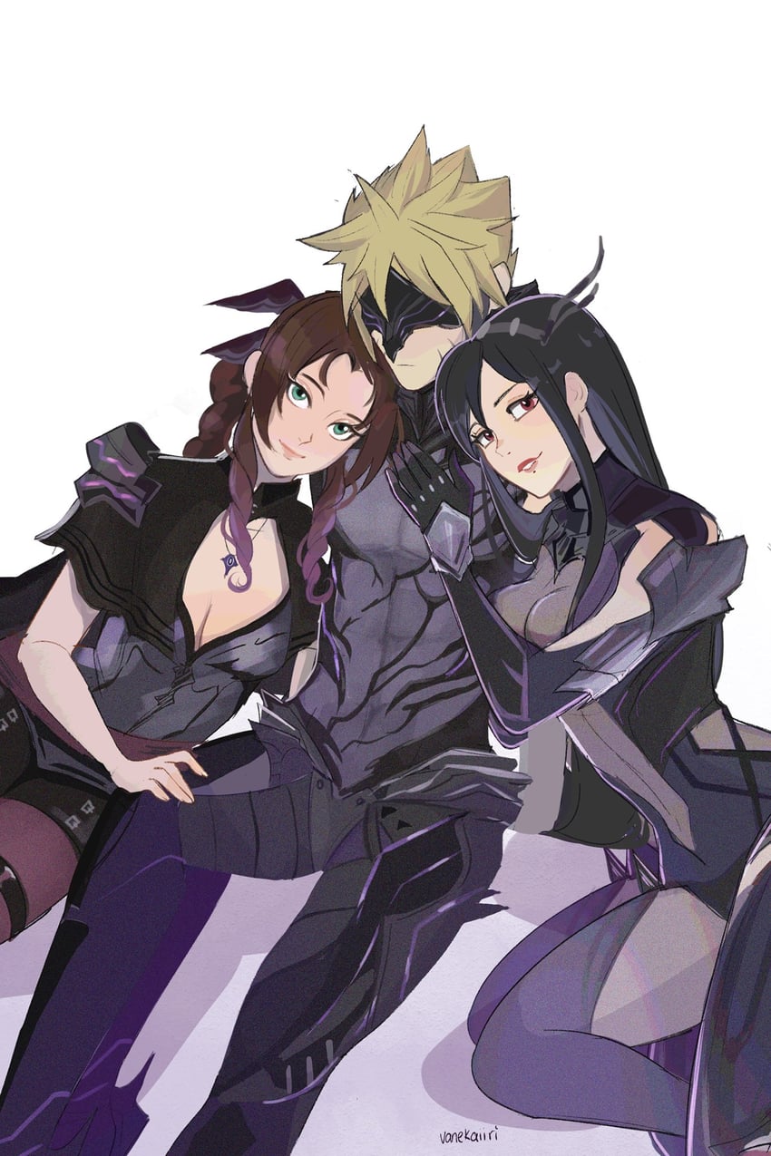 tifa lockhart, cloud strife, and aerith gainsborough (final fantasy and 2 more) drawn by vanekairi