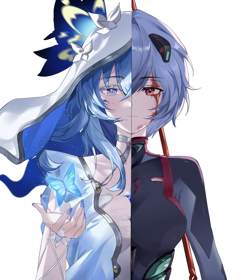 ayanami rei and shorekeeper (neon genesis evangelion and 3 more) drawn by chu_chen
