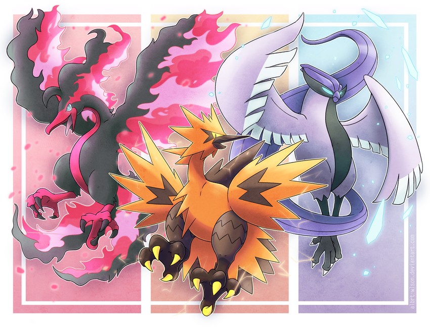 galarian moltres, galarian zapdos, and galarian articuno (pokemon) drawn by albrt-wlson