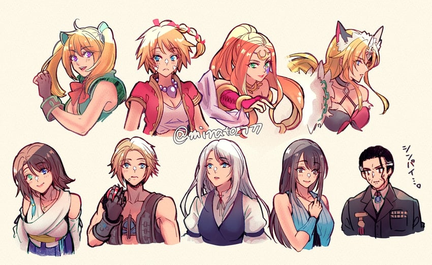 riesz, yuna, rinoa heartilly, jill warrick, kid, and 4 more (final fantasy and 8 more) drawn by minato_(ct_777)