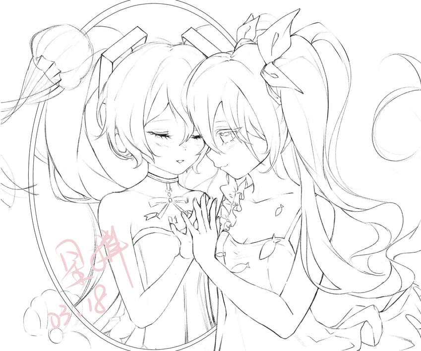 hatsune miku and gramophone miku (vocaloid and 2 more) drawn by xing_bi