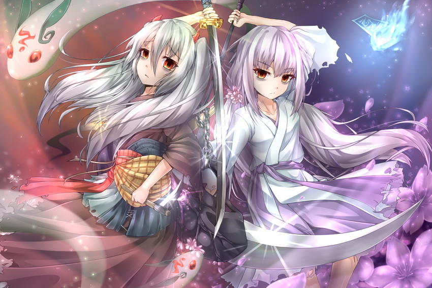 ghost ogre & snow rabbit and ghost reaper & winter cherries (yu-gi-oh!) drawn by shun_no_shun