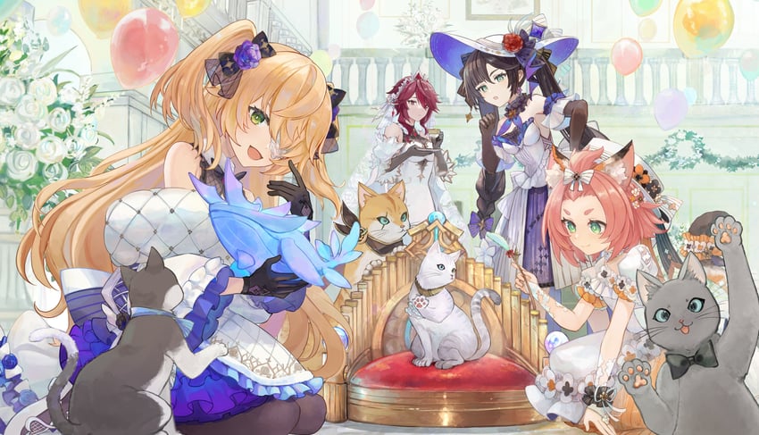 mona, fischl, rosaria, and diona (genshin impact) drawn by tgf_pic