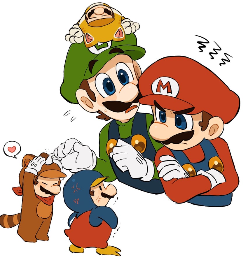 mario, luigi, cat mario, tanuki mario, and penguin mario (mario and 3 more) drawn by mimimi_(mimimim9999)