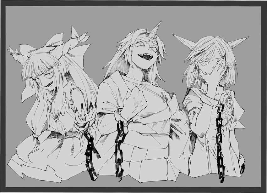 ibuki suika, hoshiguma yuugi, and ibaraki douji's arm (touhou) drawn by kijima_(amayadori-tei)