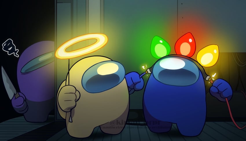 crewmate, impostor, blue, purple, and banana (among us) drawn by kiman