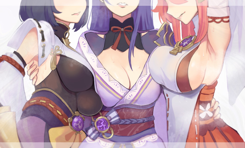 raiden shogun, yae miko, and kujou sara (genshin impact) drawn by sukoyaka93