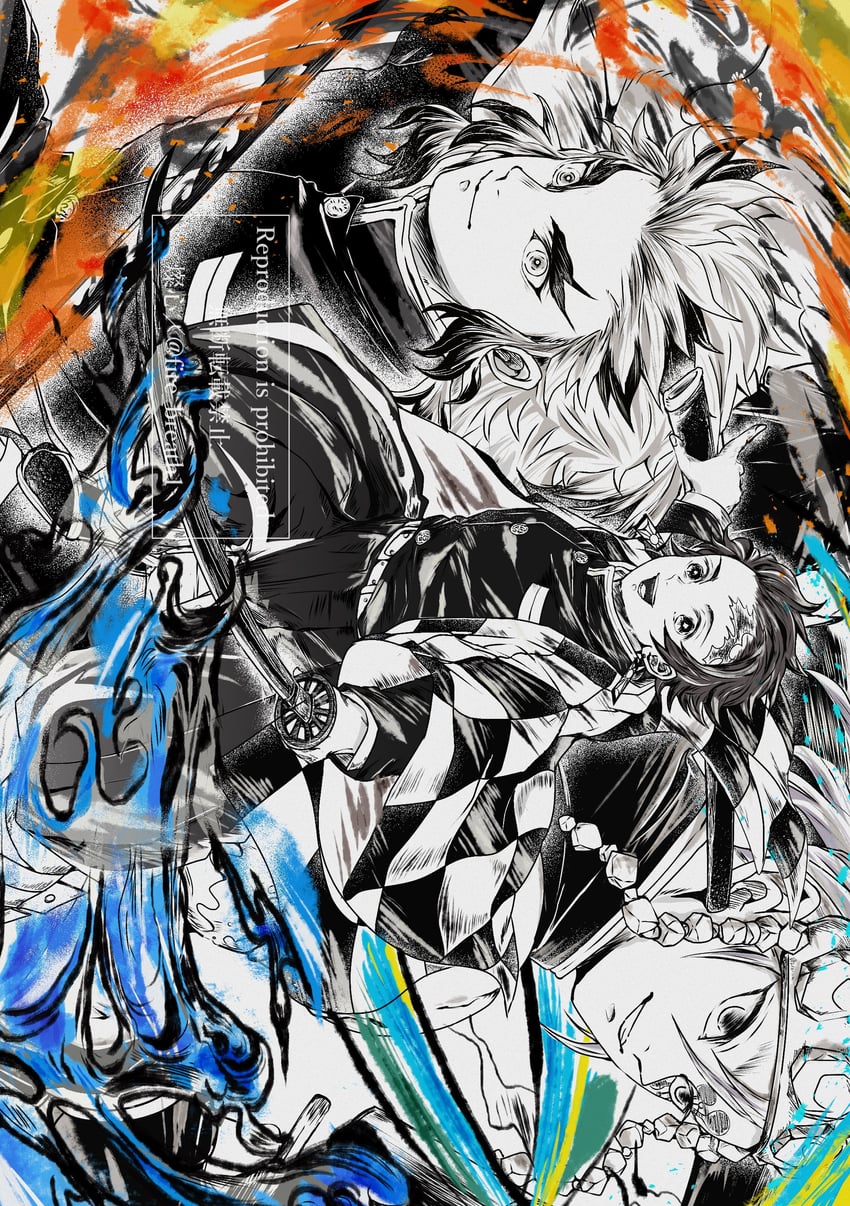 kamado tanjirou, rengoku kyoujurou, and uzui tengen (kimetsu no yaiba) drawn by hayate_aki