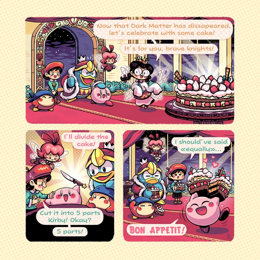 kirby, king dedede, bandana waddle dee, adeleine, ribbon, and 1 more (kirby and 1 more) drawn by oniri_boy