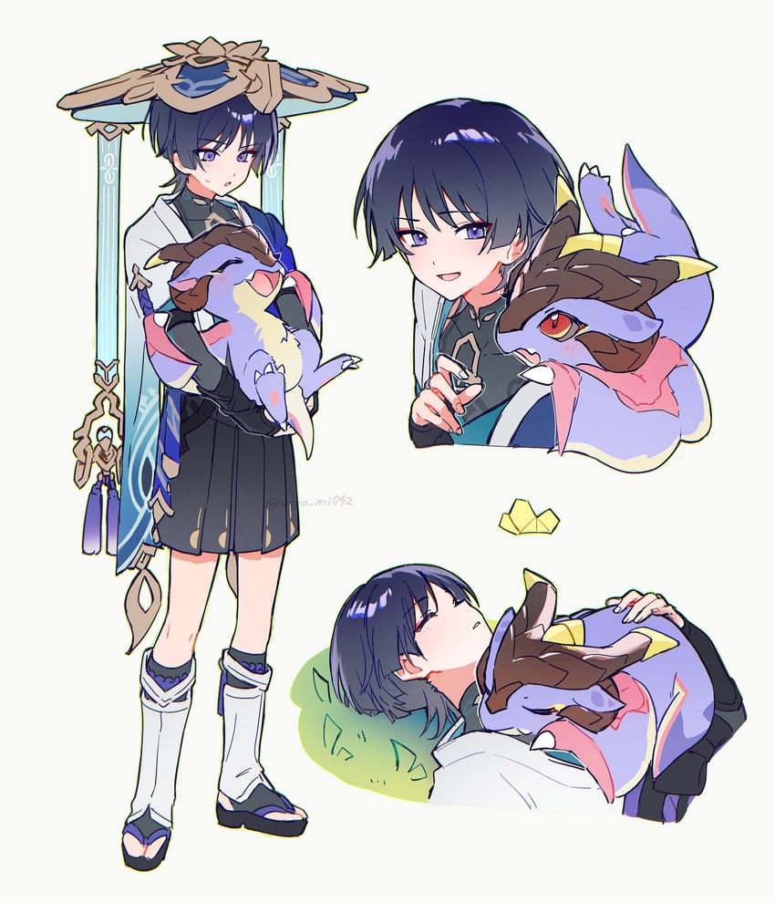 scaramouche, wanderer, and mini durin (genshin impact) drawn by mochimiya_(coyo)