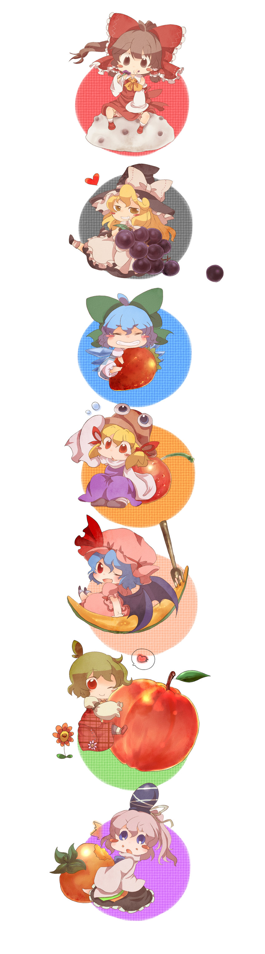 hakurei reimu, kirisame marisa, remilia scarlet, cirno, moriya suwako, and 2 more (touhou) drawn by 1nenmono