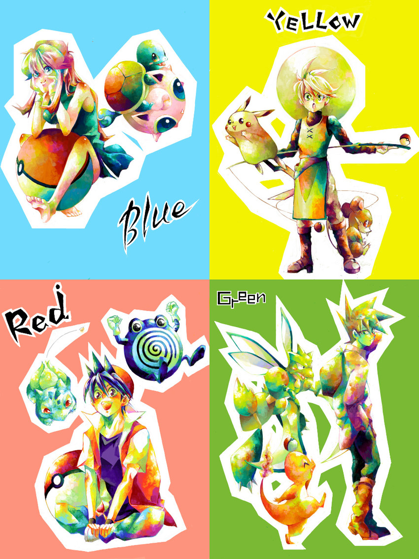 pikachu, red, blue oak, charizard, bulbasaur, and 8 more (pokemon and 1 more) drawn by hari_(atheos)