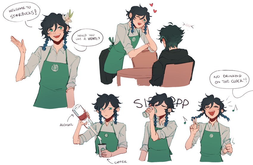 venti and xiao (genshin impact and 1 more) drawn by starfauna
