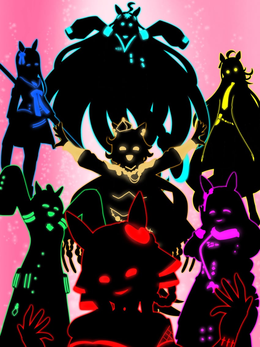 agnes tachyon, manhattan cafe, grass wonder, gentildonna, t.m. opera o, and 2 more (umamusume and 3 more) drawn by kudan_(kudan4429)
