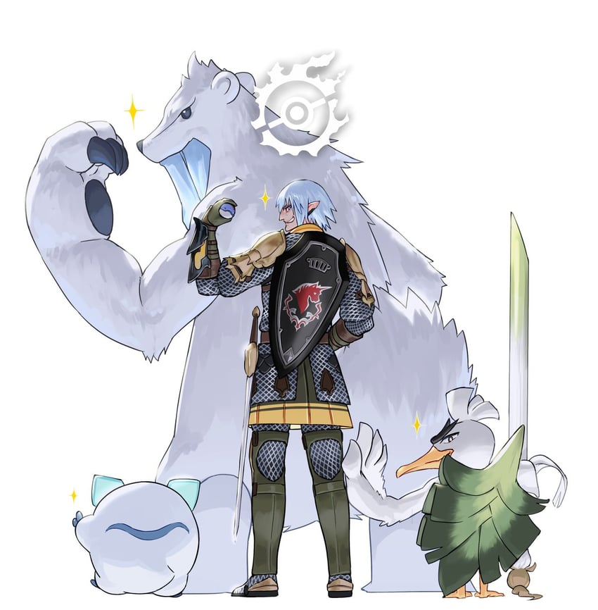 sirfetch'd, haurchefant greystone, beartic, and galarian darumaka (pokemon and 2 more) drawn by potion_lilac