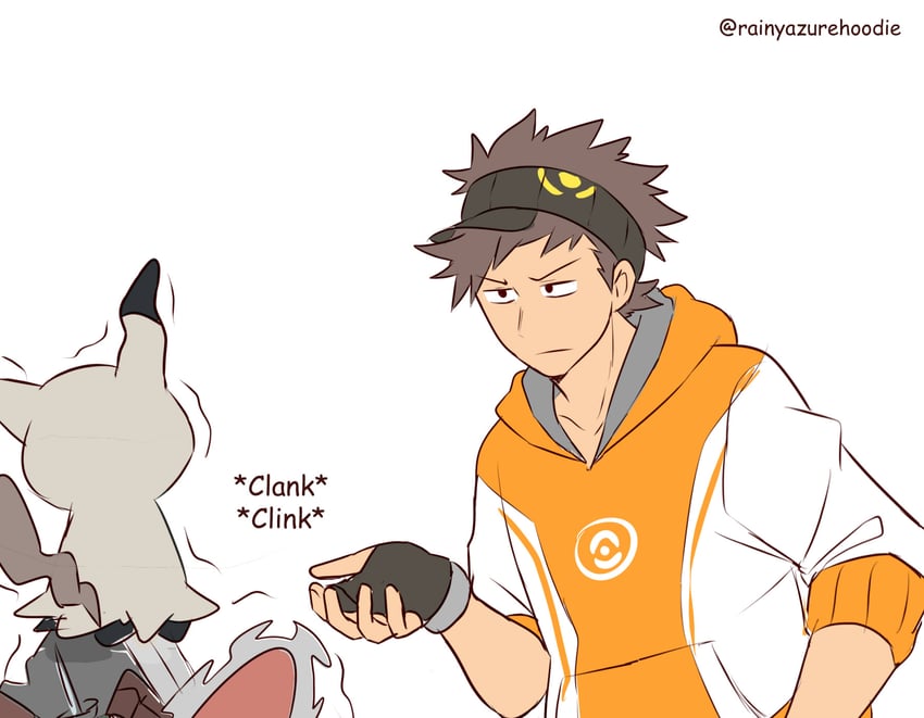 mimikyu and male protagonist (pokemon and 1 more) drawn by rainyazurehoodie
