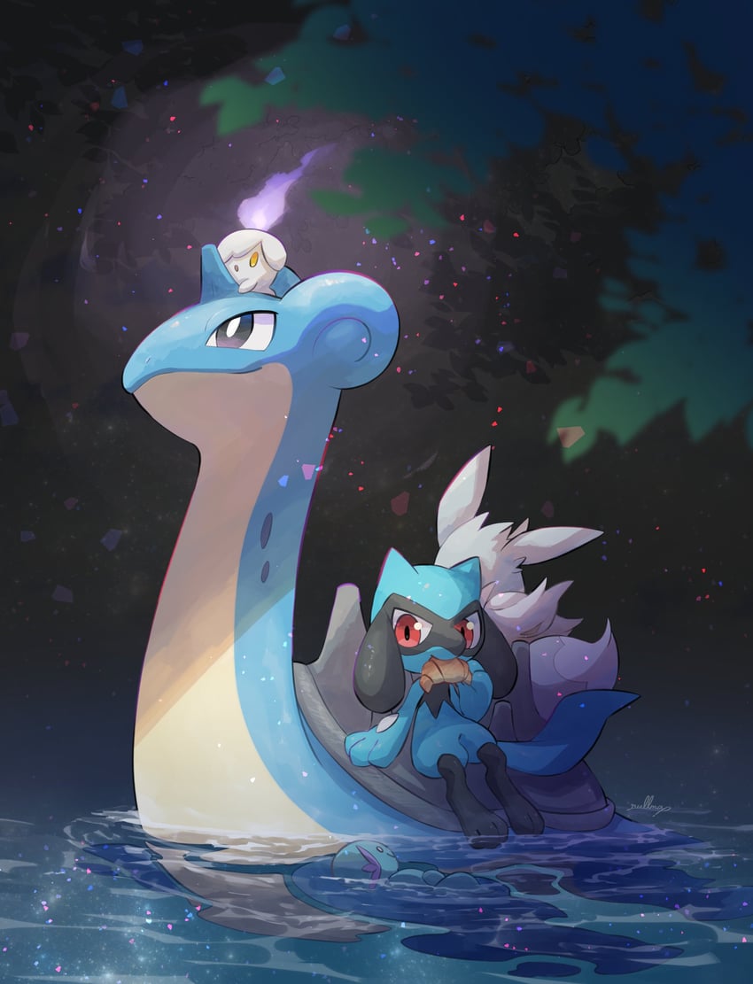 eevee, litwick, lapras, riolu, and wooper (pokemon) drawn by nullma
