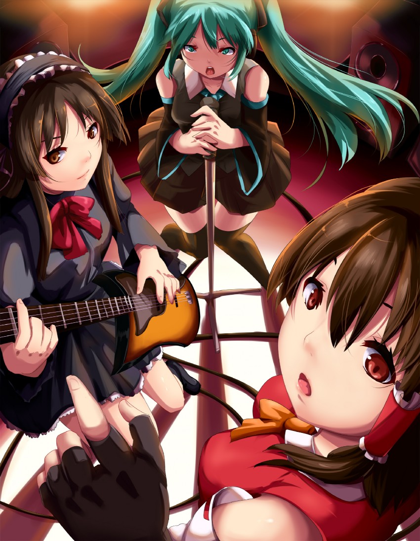 hatsune miku, hakurei reimu, and akiyama mio (touhou and 2 more) drawn by magukappu