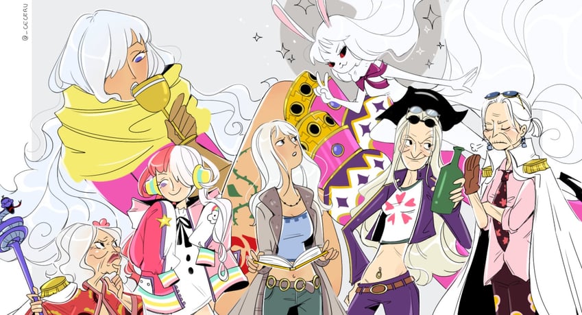 uta, carrot, nico olvia, charlotte smoothie, tsuru, and 2 more (one piece) drawn by cesel