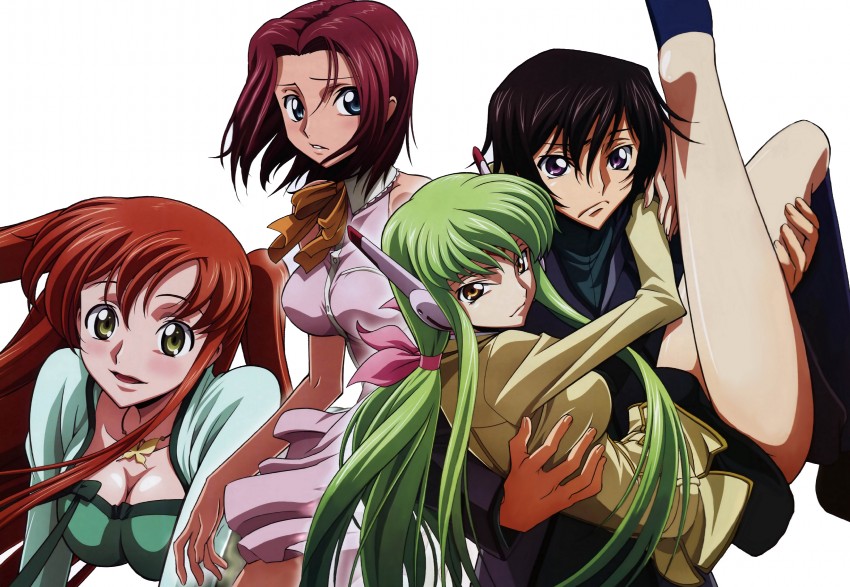 c.c., lelouch vi britannia, kouzuki kallen, and shirley fenette (code geass) drawn by sakamoto_shuuji