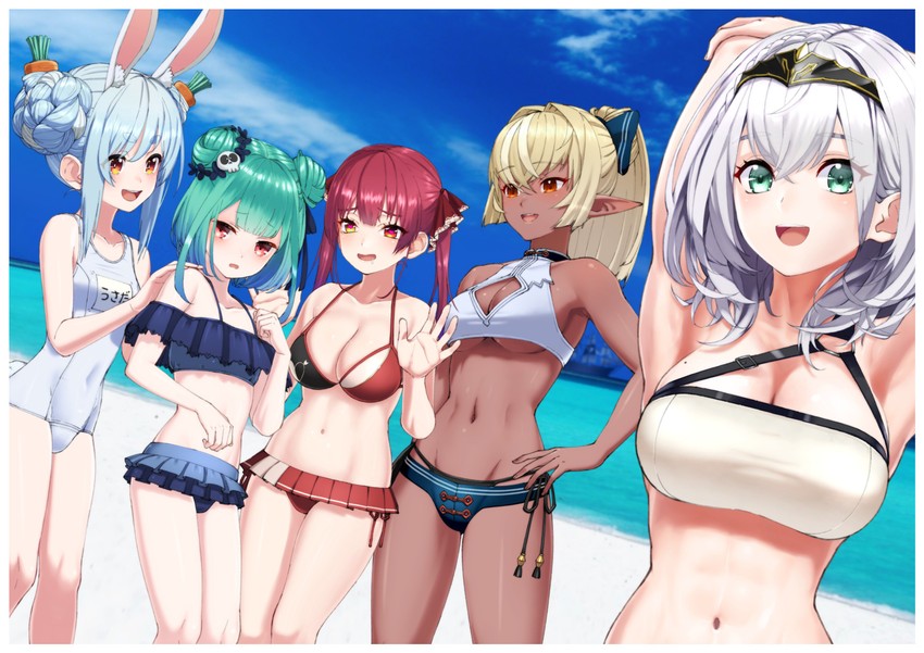 houshou marine, usada pekora, shirogane noel, shiranui flare, and uruha rushia (hololive) drawn by oshiruko_(oshiruco_212048)