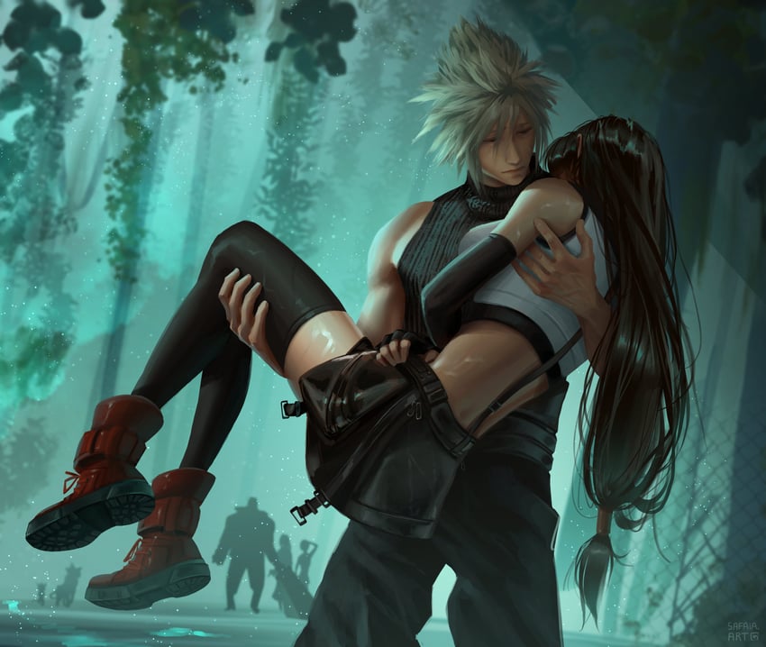 tifa lockhart, cloud strife, aerith gainsborough, yuffie kisaragi, barret wallace, and 2 more (final fantasy and 3 more) drawn by safaia
