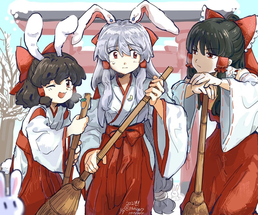 hakurei reimu, reisen udongein inaba, inaba tewi, and inaba mob (touhou) drawn by hunggryhunggry