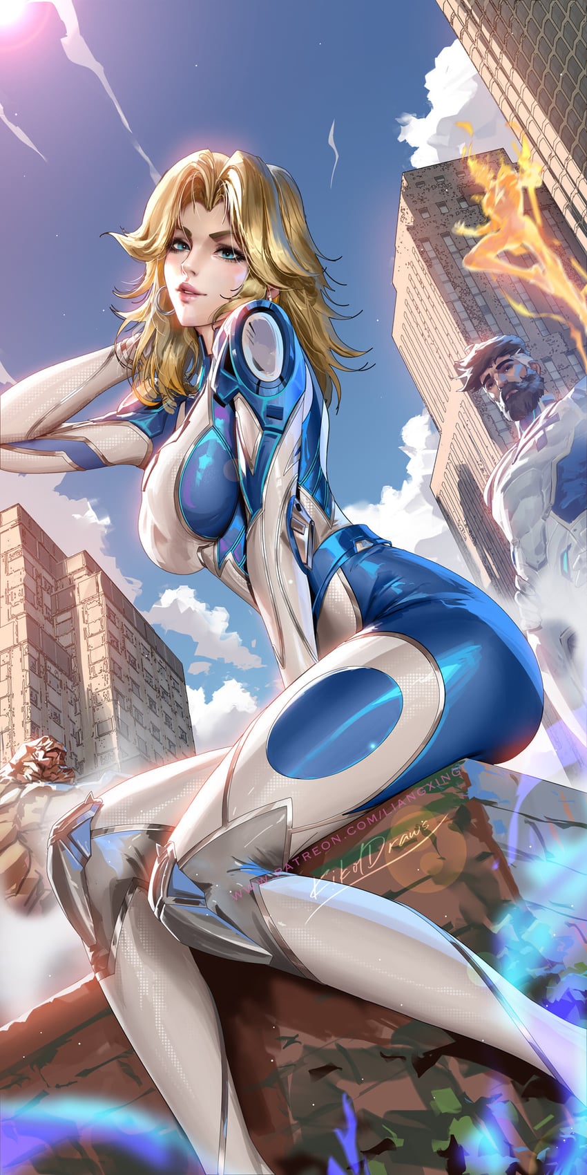 sue storm, reed richards, johnny storm, ben grimm, and human torch (marvel and 2 more) drawn by liang_xing