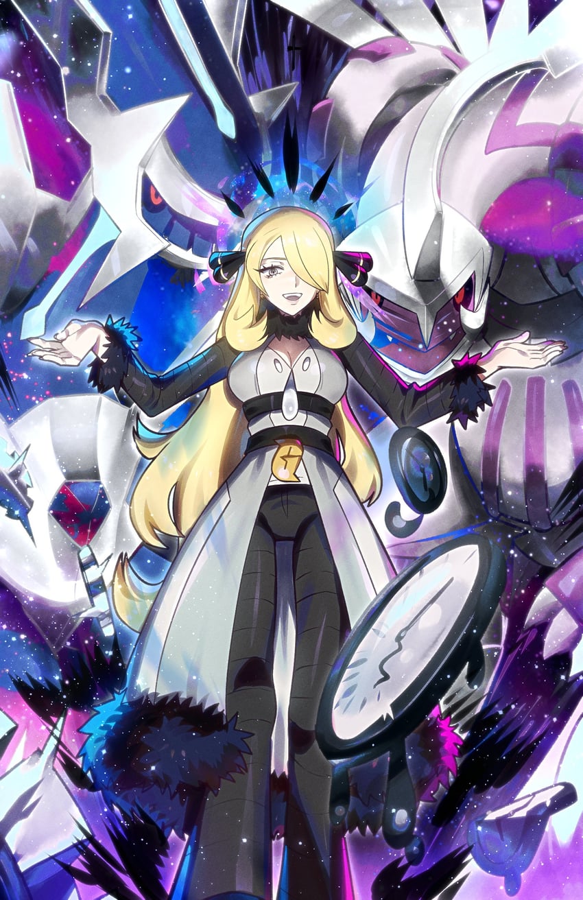 cynthia, dialga, and palkia (pokemon and 1 more) drawn by ryairyai