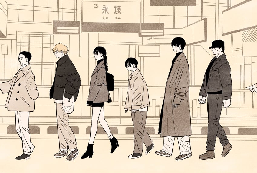 denji, mitaka asa, yoshida hirofumi, higashiyama nobana, iseumi haruka, and 1 more (chainsaw man) drawn by takeuchi_ryousuke