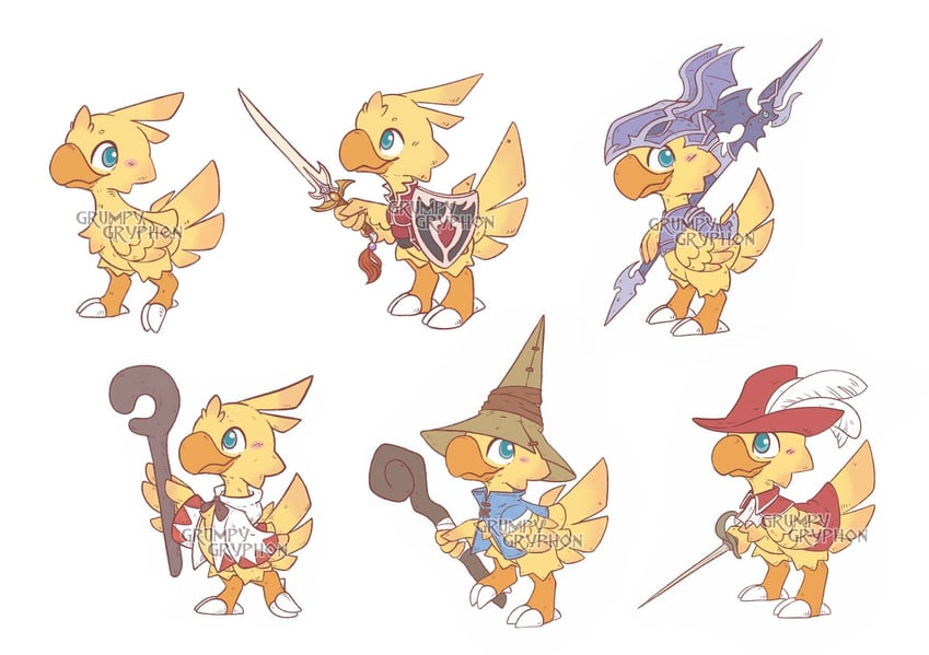 white mage, black mage, paladin, red mage, and dragoon (final fantasy) drawn by grumpy_gryphon