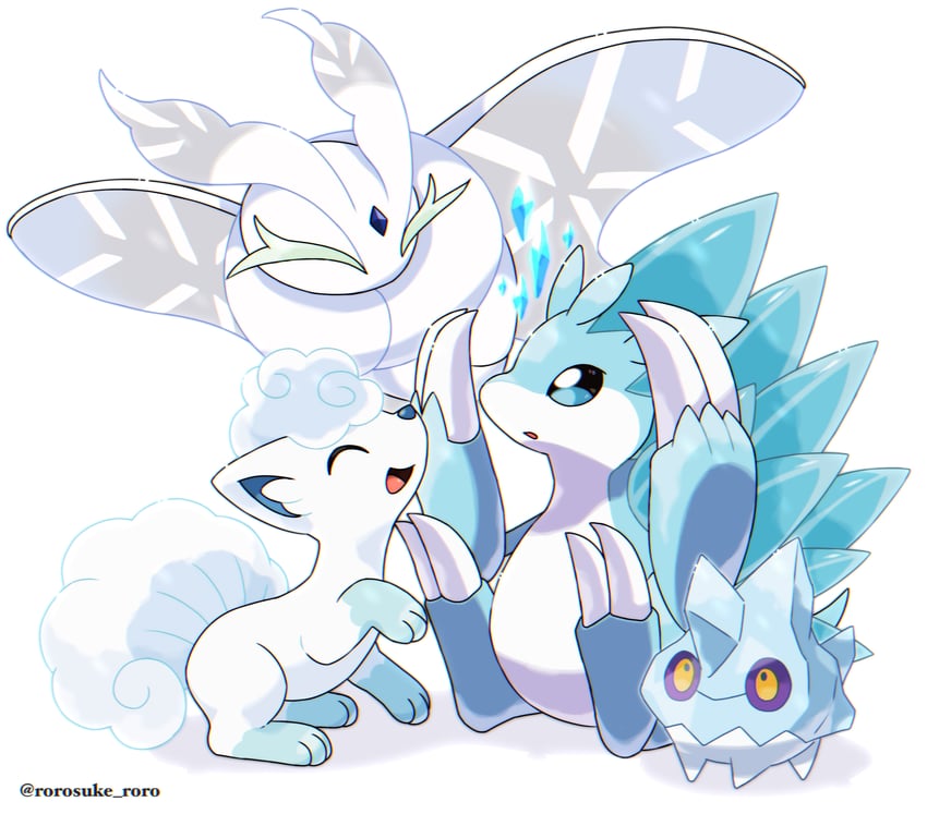 alolan vulpix, frosmoth, alolan sandslash, and bergmite (pokemon) drawn by rorosuke