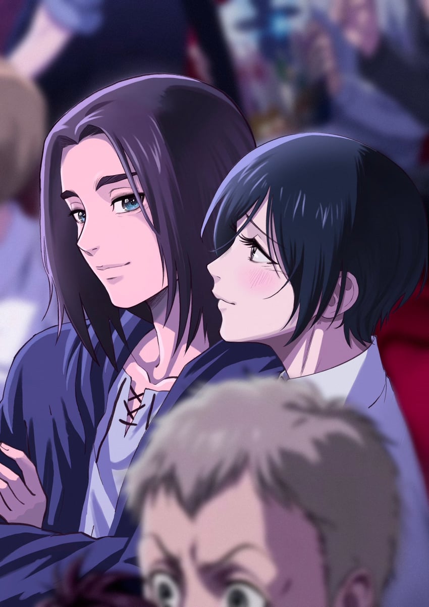 mikasa ackerman, eren yeager, and falco grice (shingeki no kyojin) drawn by hagane_no